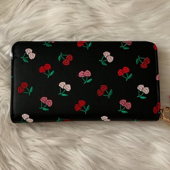 BETSEY JOHNSON Cherry Embroidered Faux Leather Wallet Wristlet - Picture 3 of 4